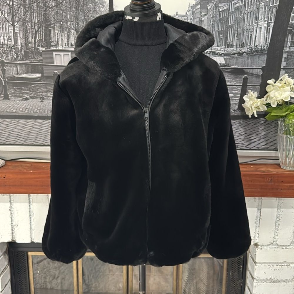 Donna Salyers Fabulous Fur Coat Jacket Full Zip Hoodie Black Pockets Oversized